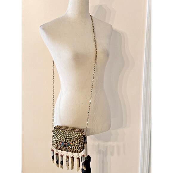 Love Binetti Diego Metal Brass Stud Clutch Bag Mini Purse Butterfly Coral Tassel - Picture 2 of 16